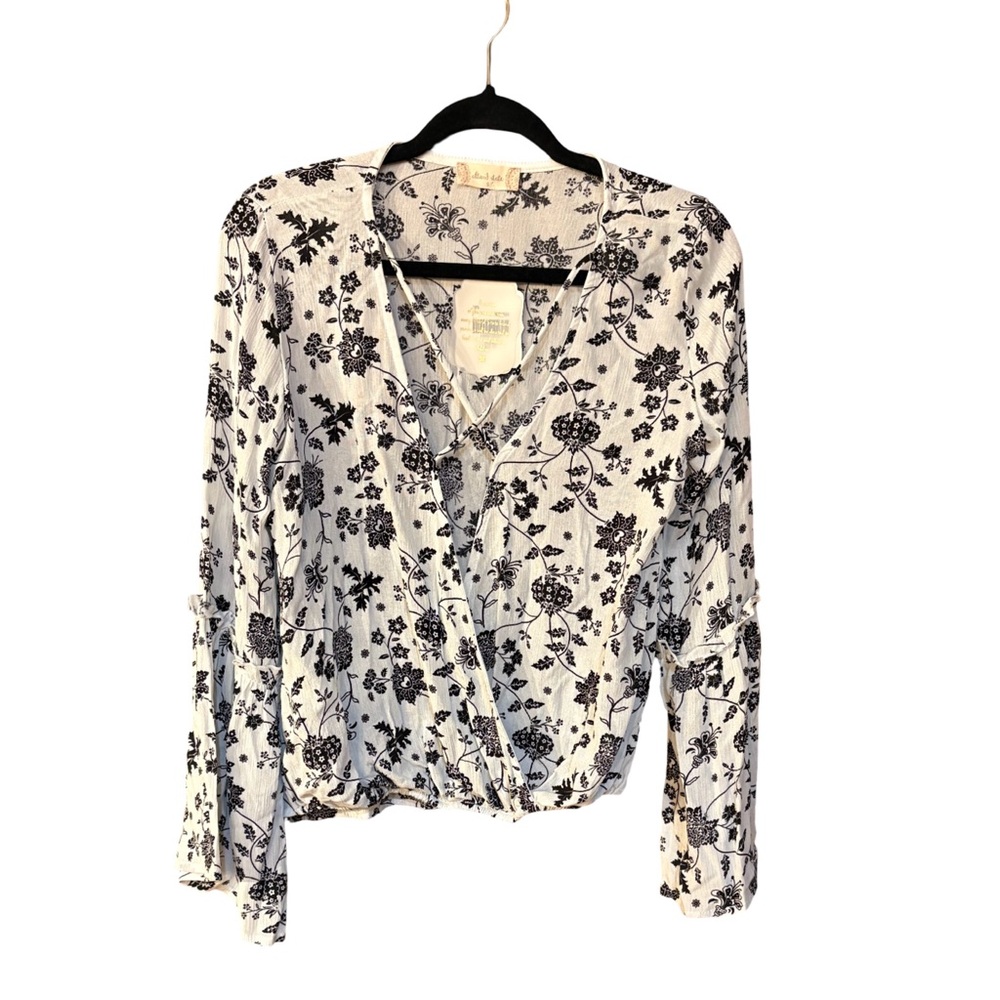 NWT Altar'd State Black and Cream Floral Wrap Blouse XS belled sleeves